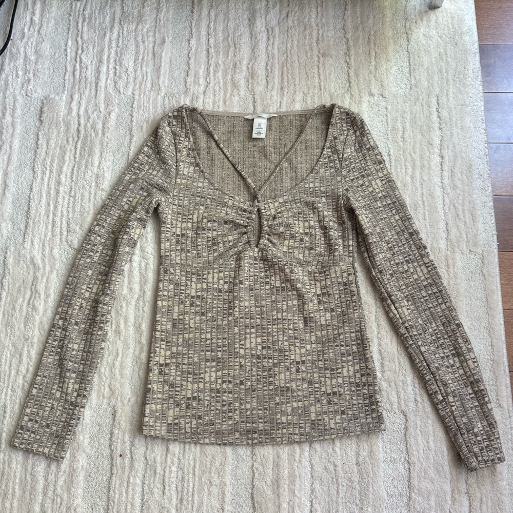 H&M Tan and Brown Tie Front Long Sleeve Blouse